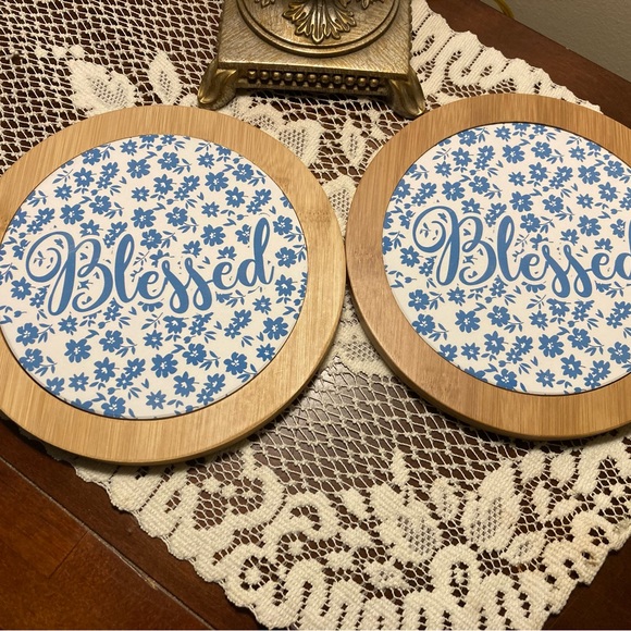 NWOT! 2 “BLESSED” TRIVETS Wood/ceramic with blue floral pattern - Picture 2 of 5